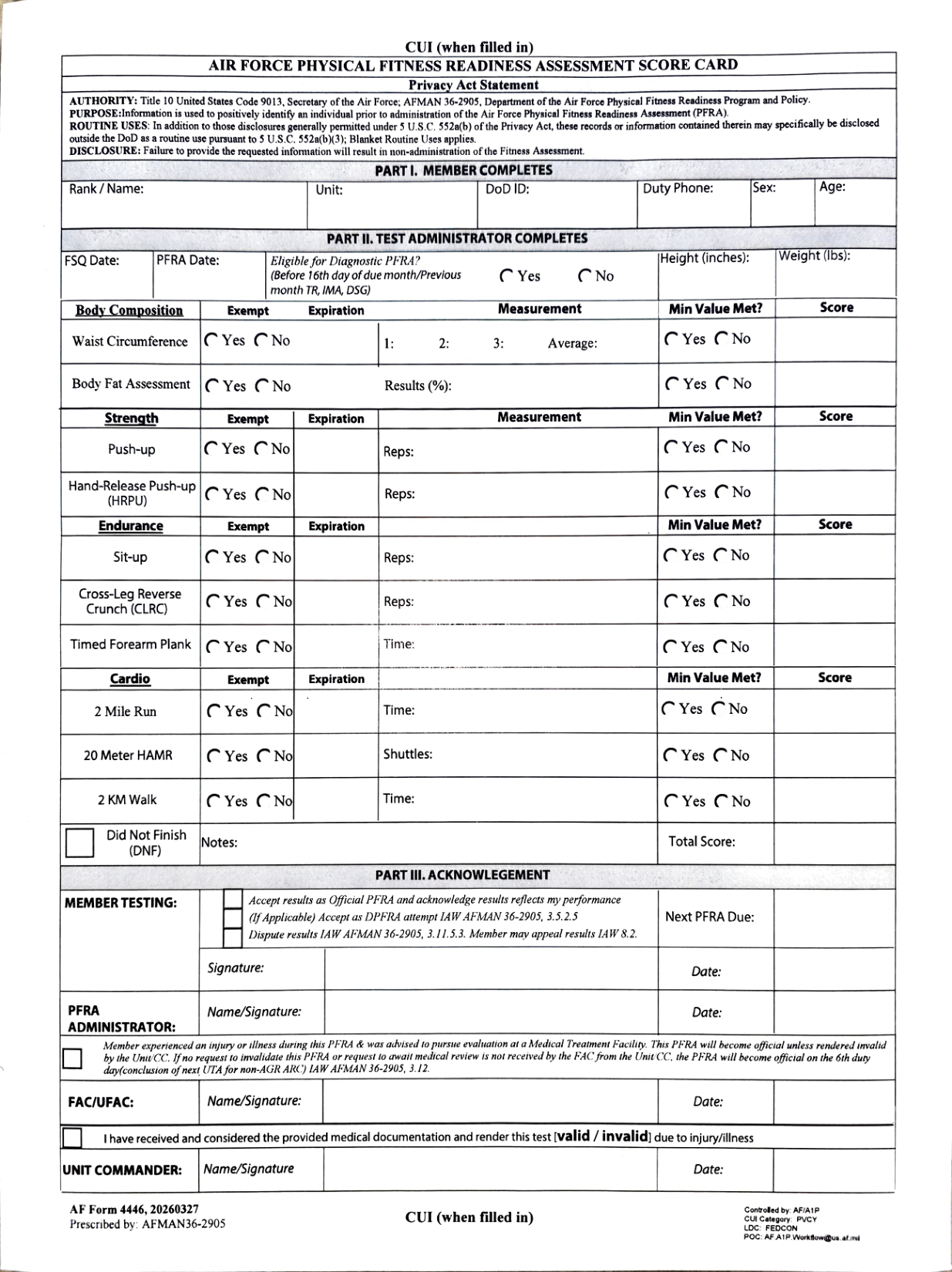 Blank AF Form 4446, Air Force Physical Fitness Readiness Assessment Score Card